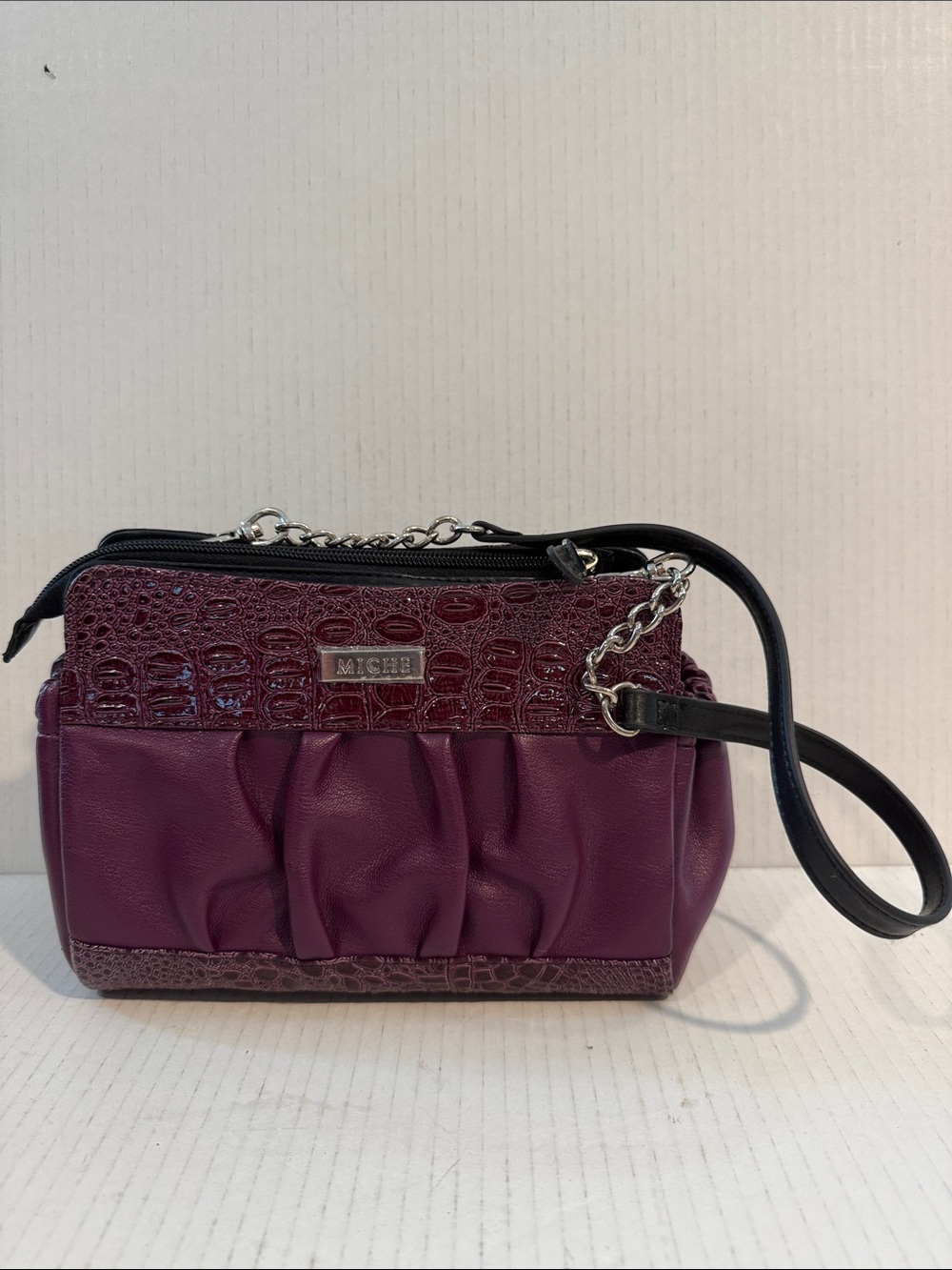 Miche “Petite” Plum Croc-Accent Shoulder Handbag Black Strap